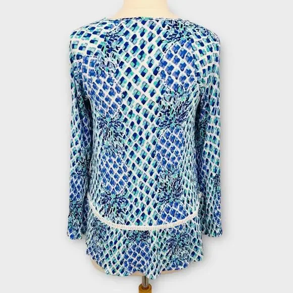 Lilly Pulitzer Amisa Tunic Top Bell Sleeve Crochet Trim Boho Flowy Top Small - Picture 10 of 11